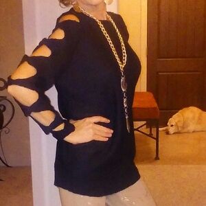 Black Cold Shoulder Ladder Sleeve Knit Sweater Crew Nck Mobwife Glam L NWT